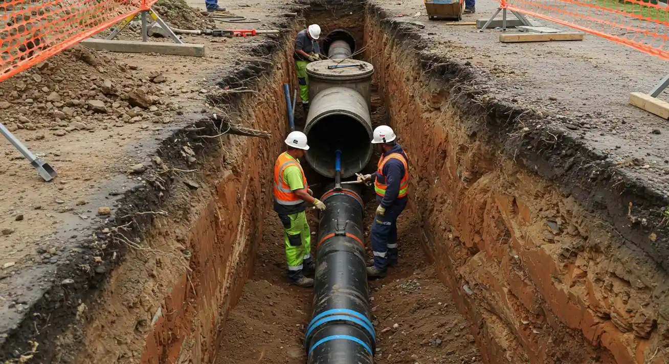 Construction workers installing large underground pipes in excavated trench
