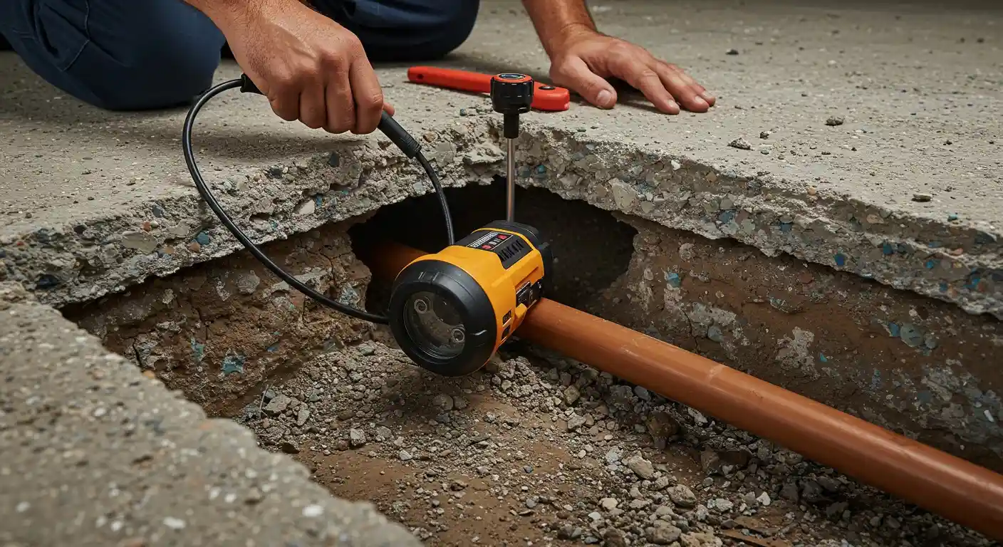 Yellow inspection camera examining underground pipe in concrete opening