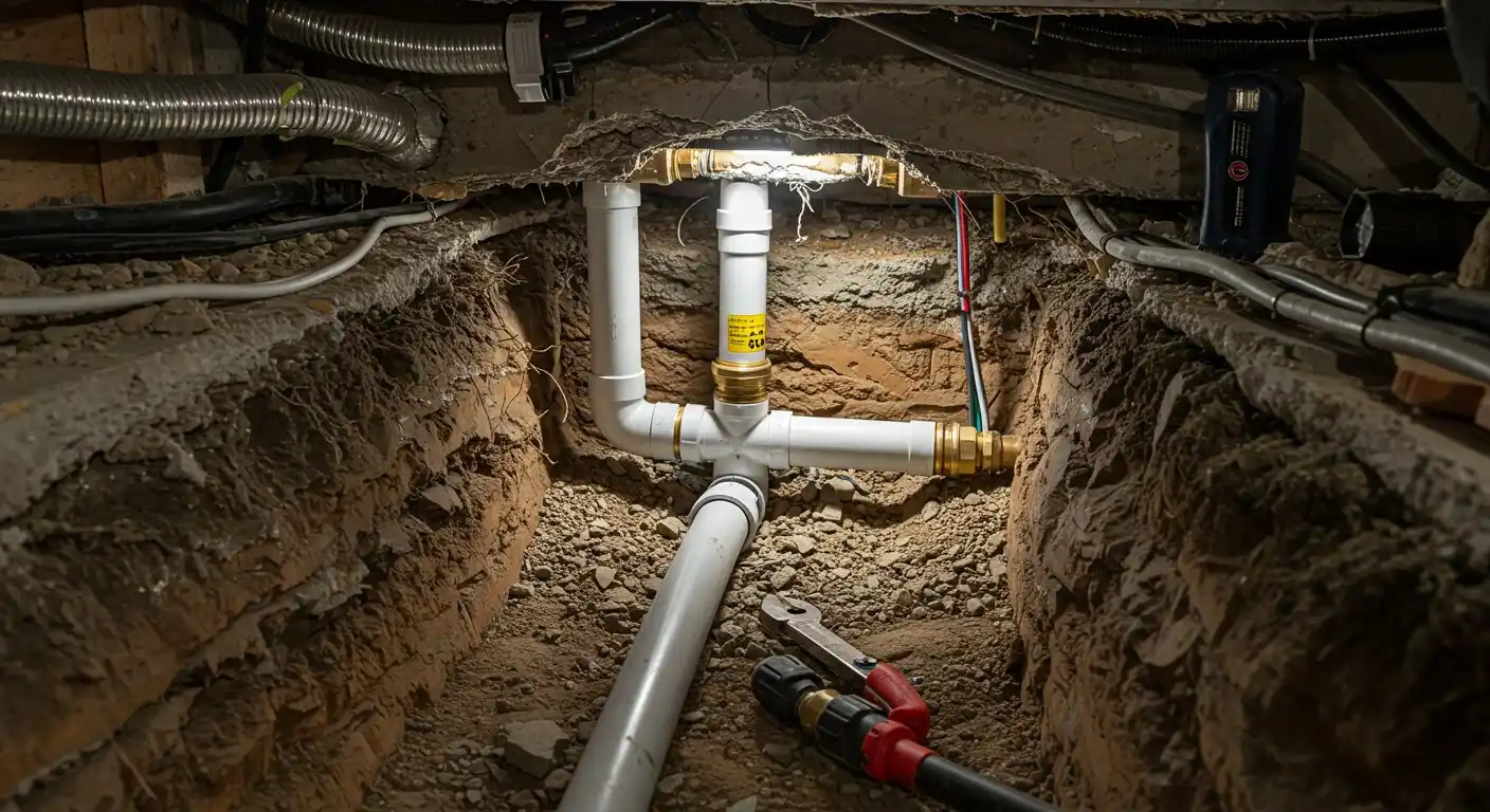 Underground plumbing pipes and connections in dirt crawl space