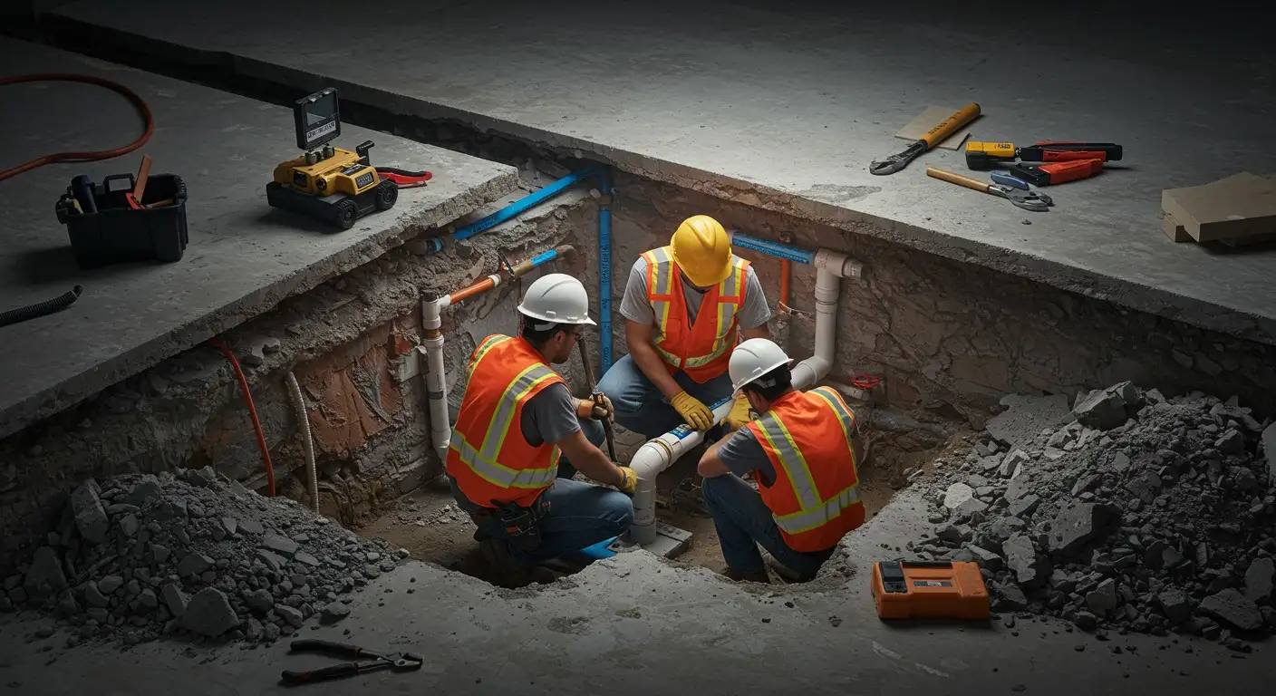 Construction workers installing pipes in a deep concrete excavation site