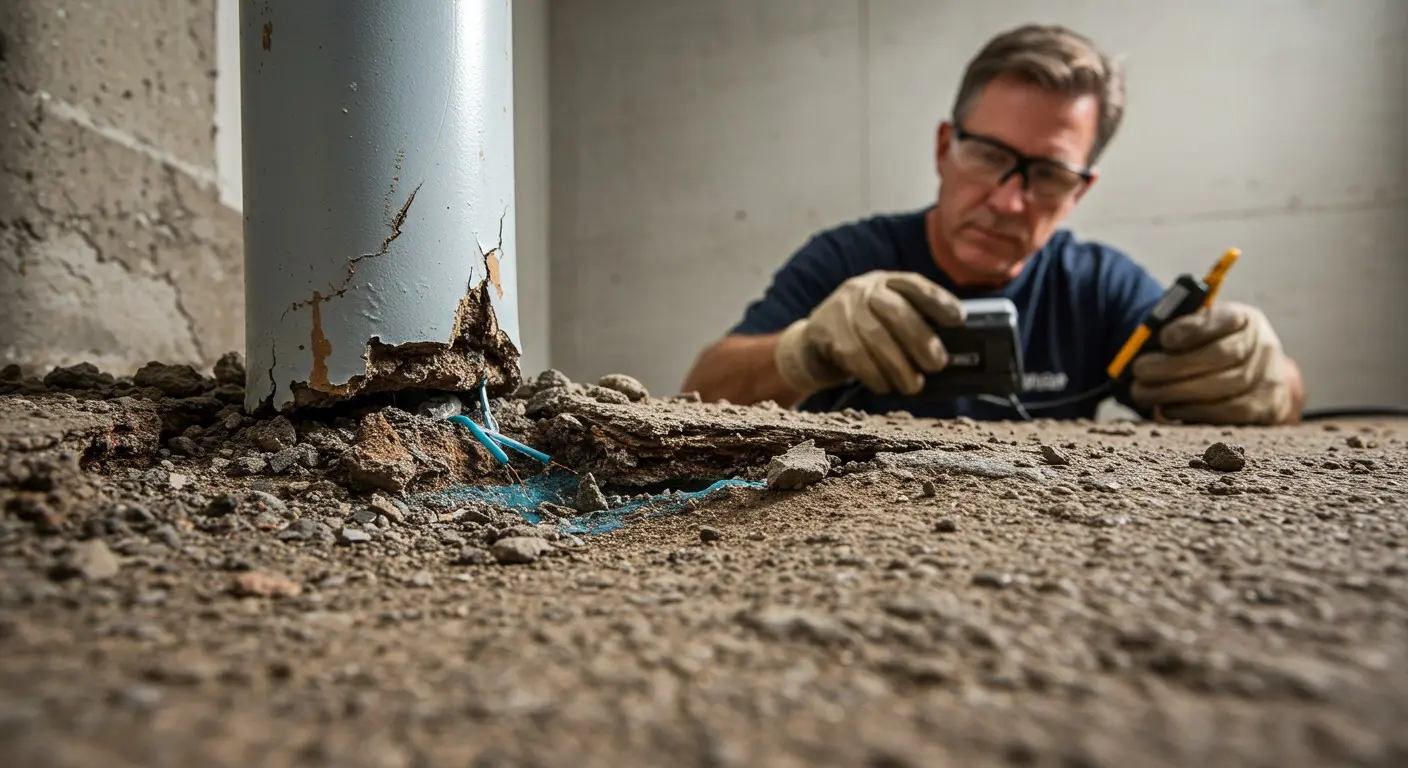 Worker examining damaged concrete floor with blue cables and measuring device