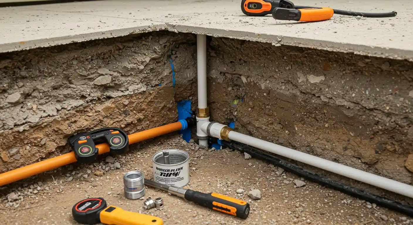 Plumbing repair tools and pipes in an excavated dirt trench