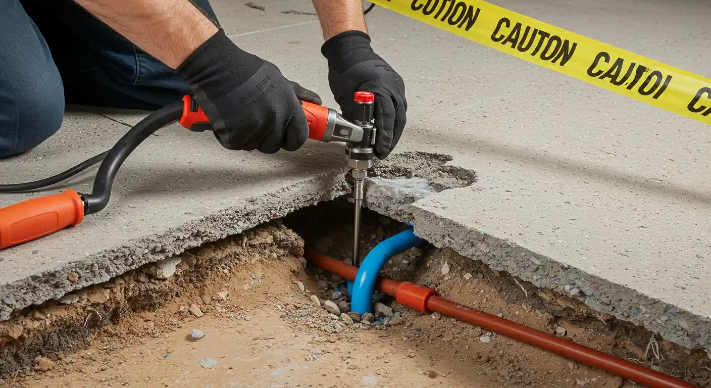 Worker drilling near pipes with caution tape, repairing underground utility lines