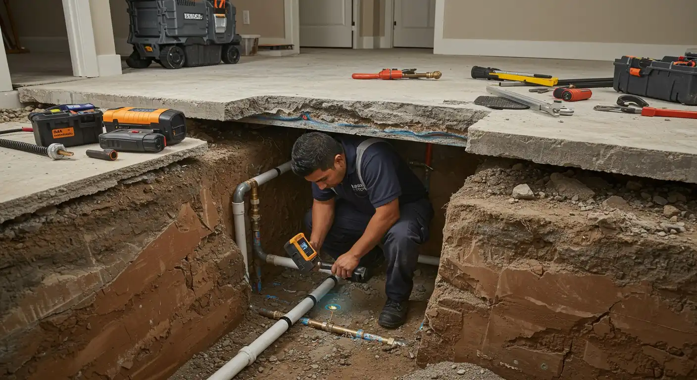 Plumber working in underground hole, checking pipes with diagnostic tool