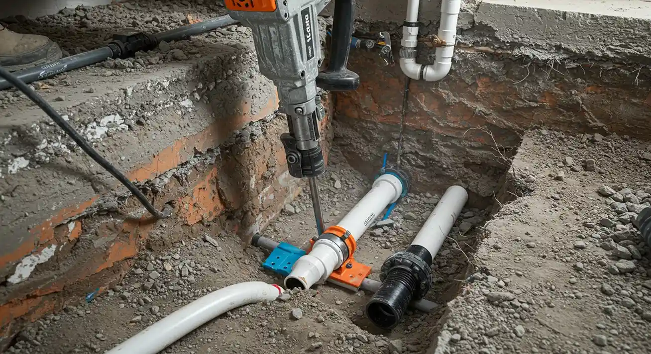 Plumbing repair with pipes, drill, and exposed brick wall during renovation