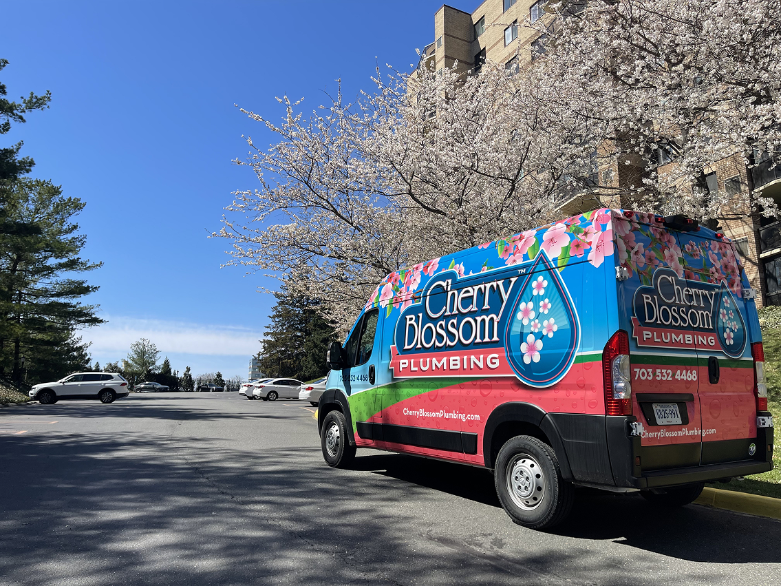 Cherry Blossom Plumbing van parked near blooming trees on sunny day