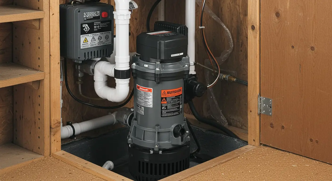 Sump pump installed in wooden framed basement with white pipes
