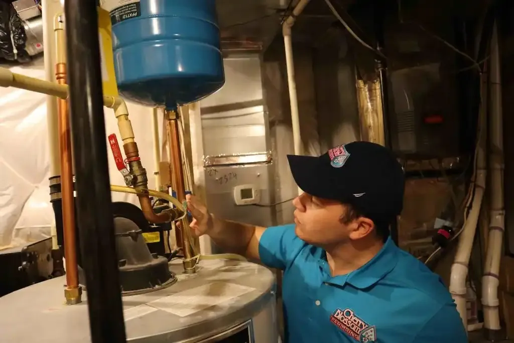 Technician in blue shirt checking water heater pipes and valves
