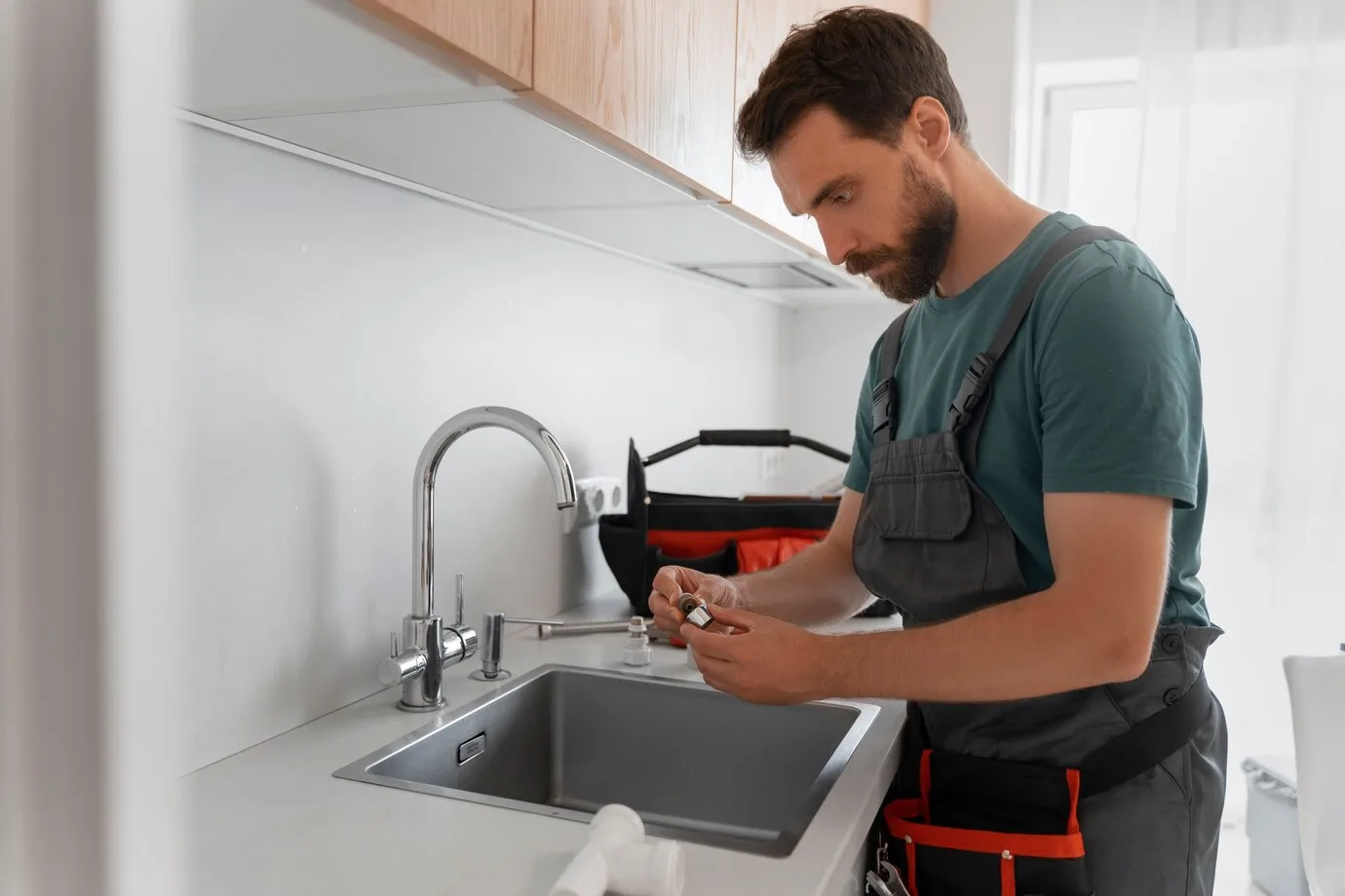 Plumber in apron working on sink fixture in modern kitchen