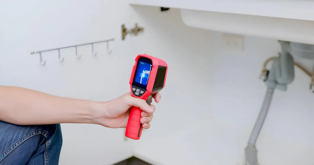Red thermal camera being held, displaying colorful heat map on screen