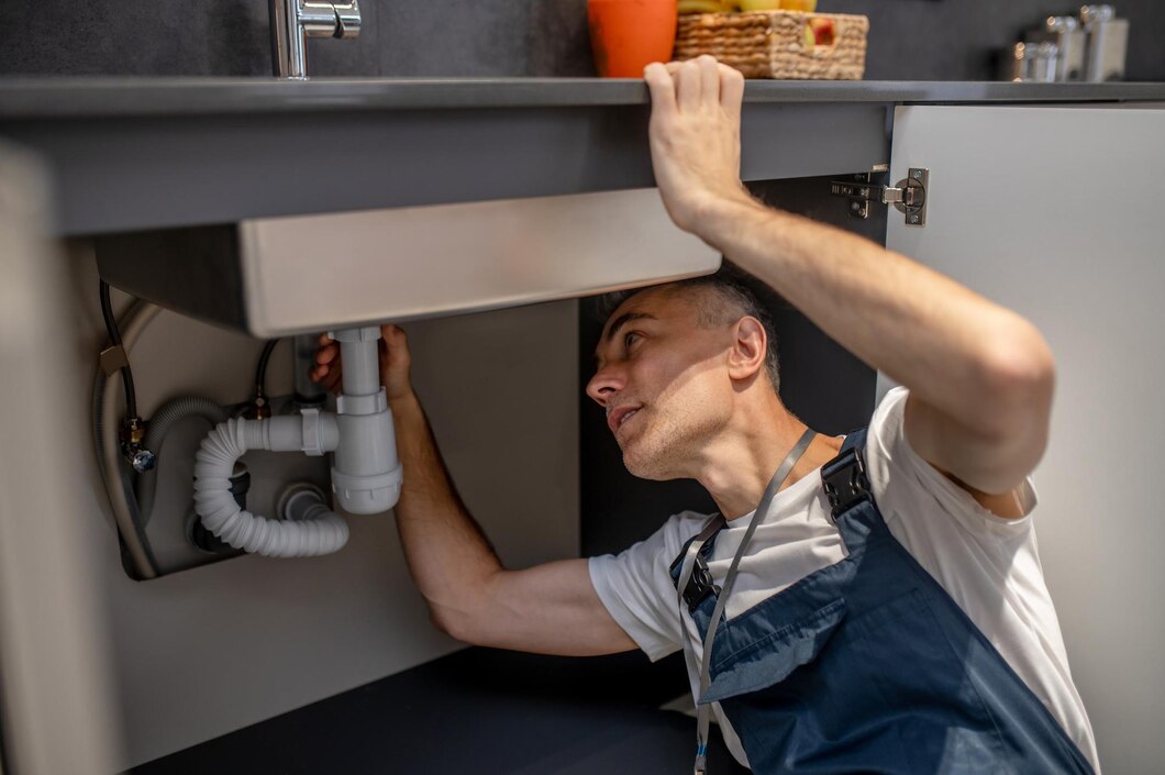 Plumber fixing sink pipes under kitchen cabinet
