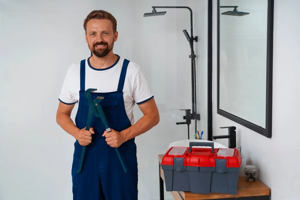 Smiling plumber in blue overalls holding large pliers near bathroom shower