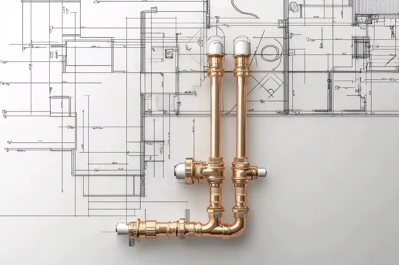 Copper plumbing pipes and fittings on architectural blueprint background