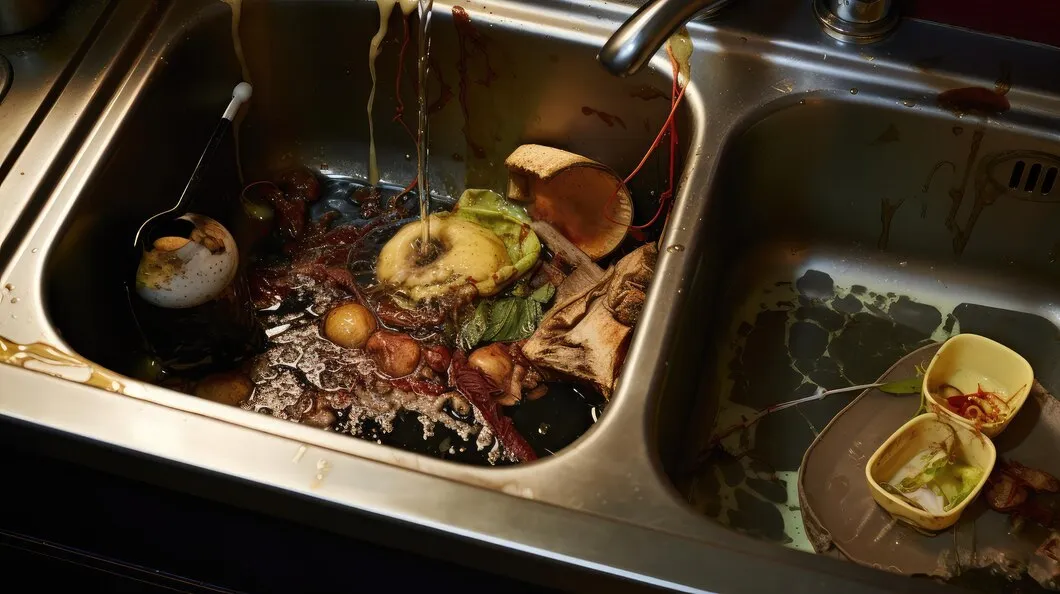 Food waste and scraps in a kitchen sink with running water