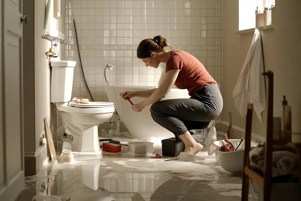 Person cleaning bathroom floor with supplies scattered around toilet