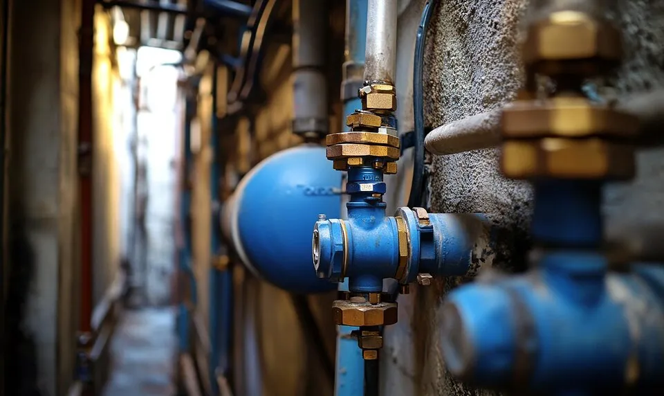 Blue industrial pipes and valves in mechanical room closeup