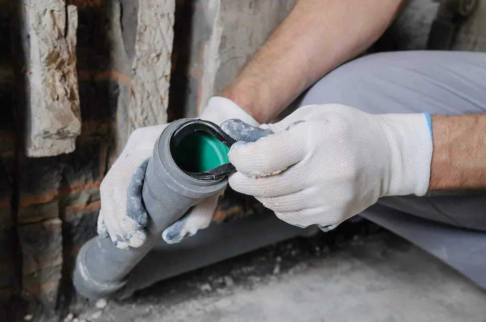 Hands in protective gloves installing green-capped pipe fitting
