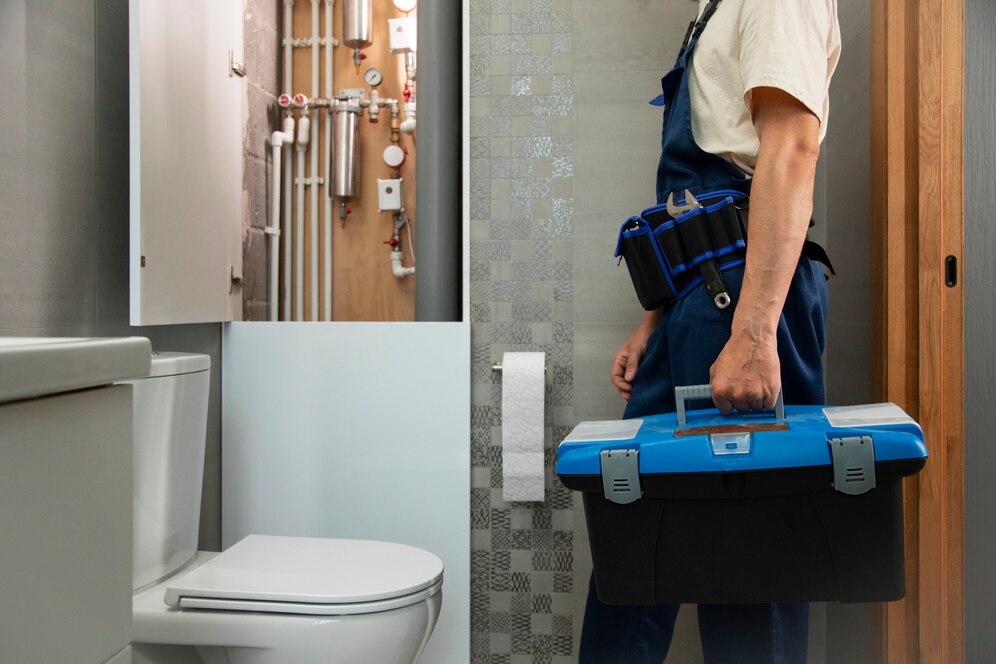 Plumber with toolbox standing near toilet and pipe installation