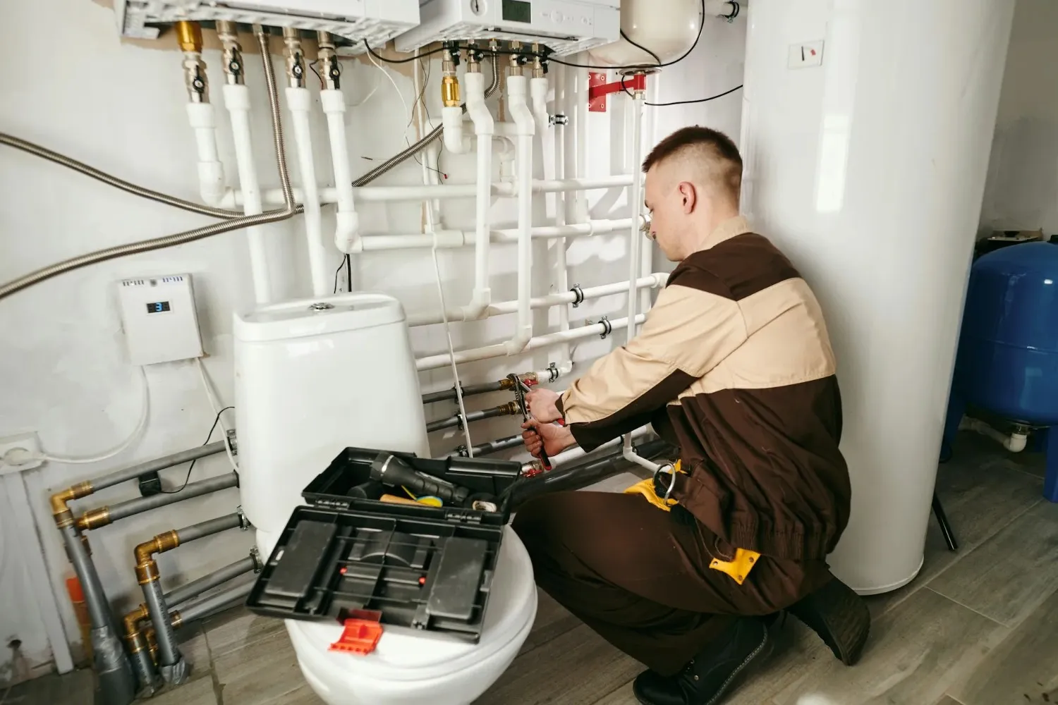 Technician repairing plumbing pipes and valves in mechanical room