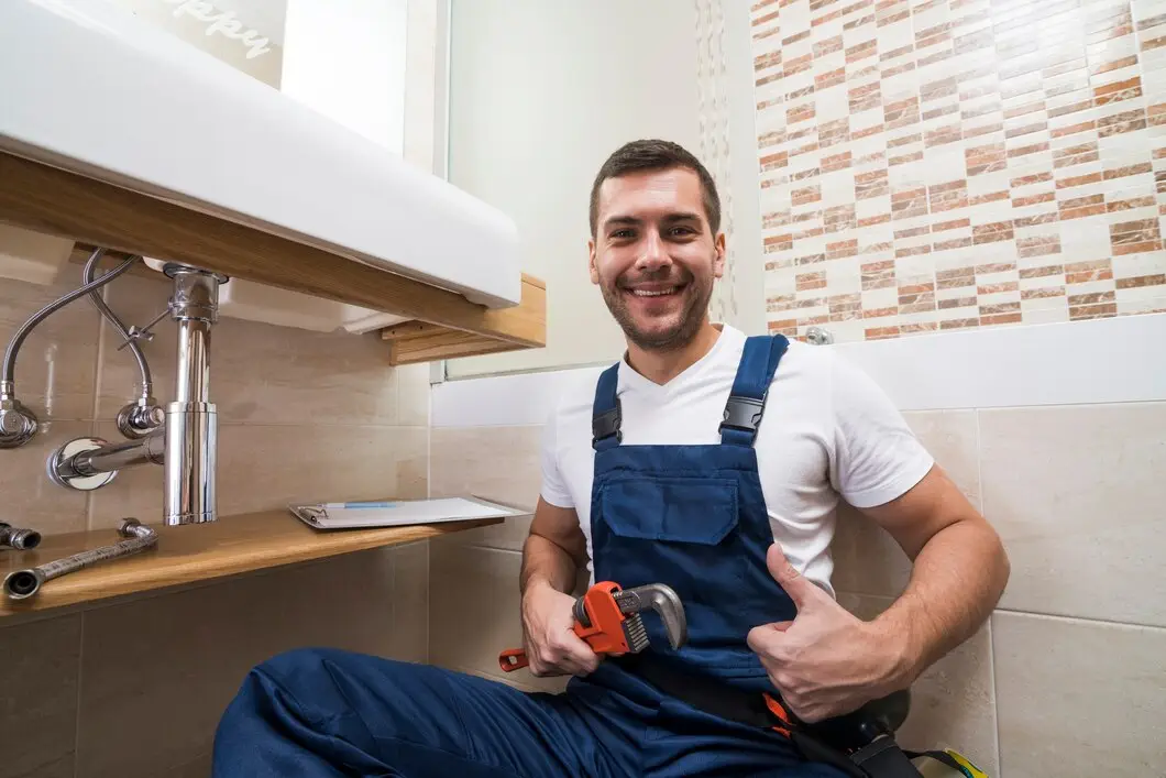 Smiling plumber in blue overalls giving thumbs up near kitchen sink