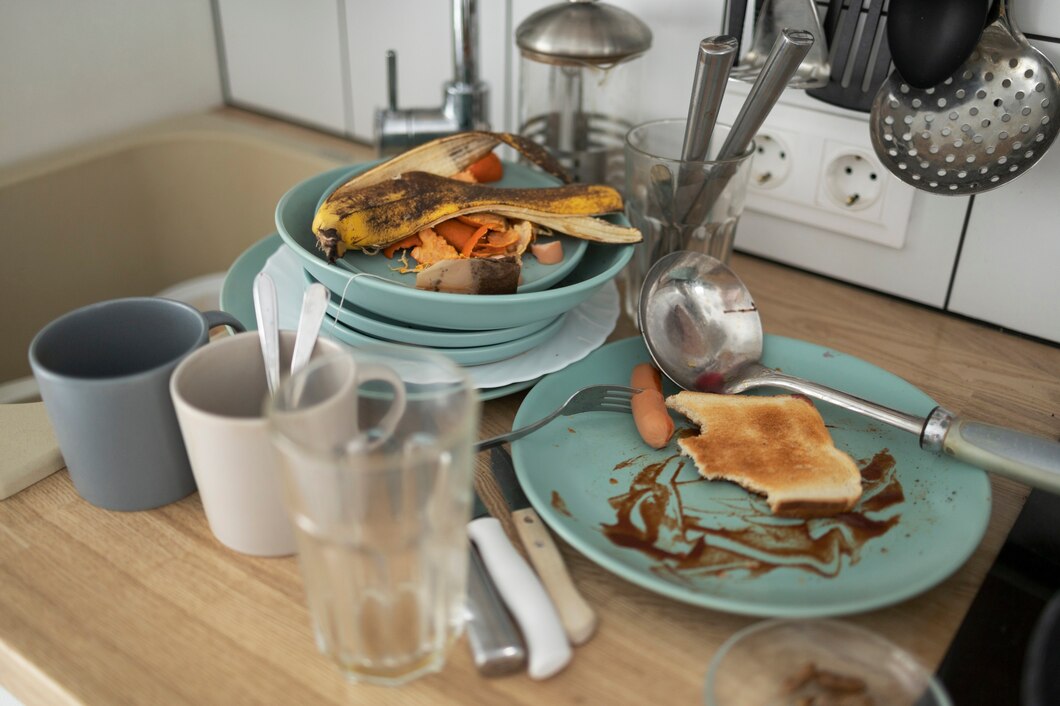 Breakfast scene with toast, banana, and turquoise plates in kitchen