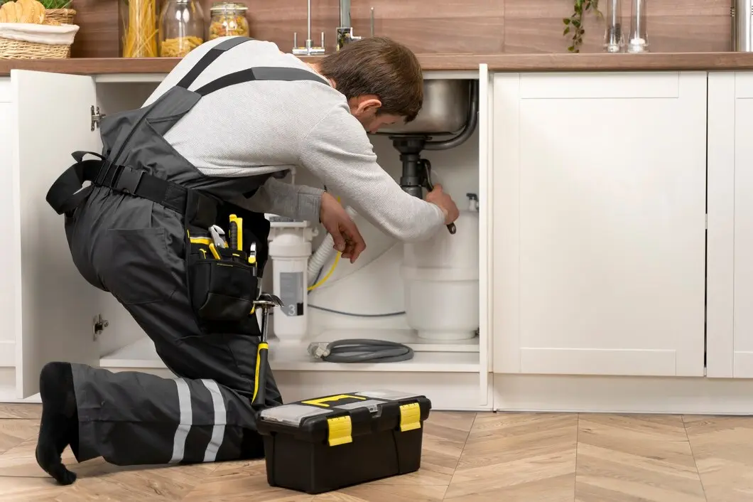 Plumber in safety vest repairing kitchen sink pipes under cabinet