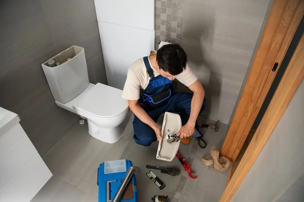 Plumber in blue overalls repairing bathroom sink with tools