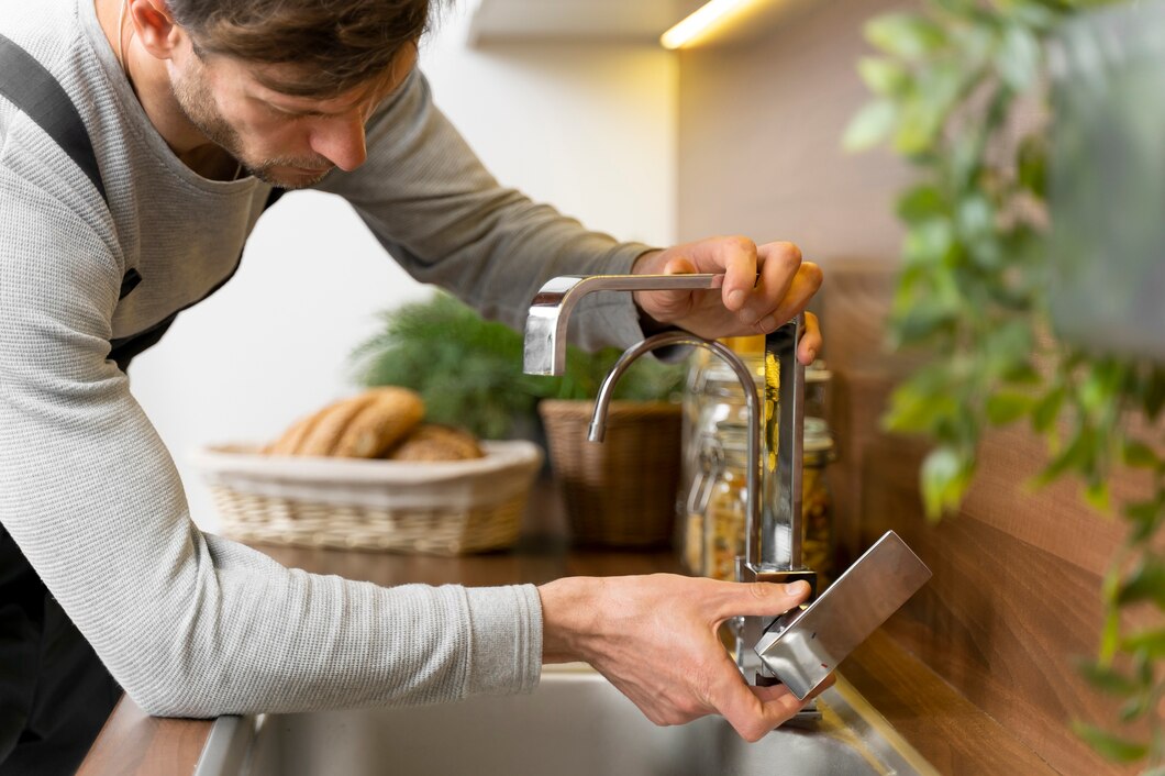 Person adjusting modern kitchen faucet with bread basket in background