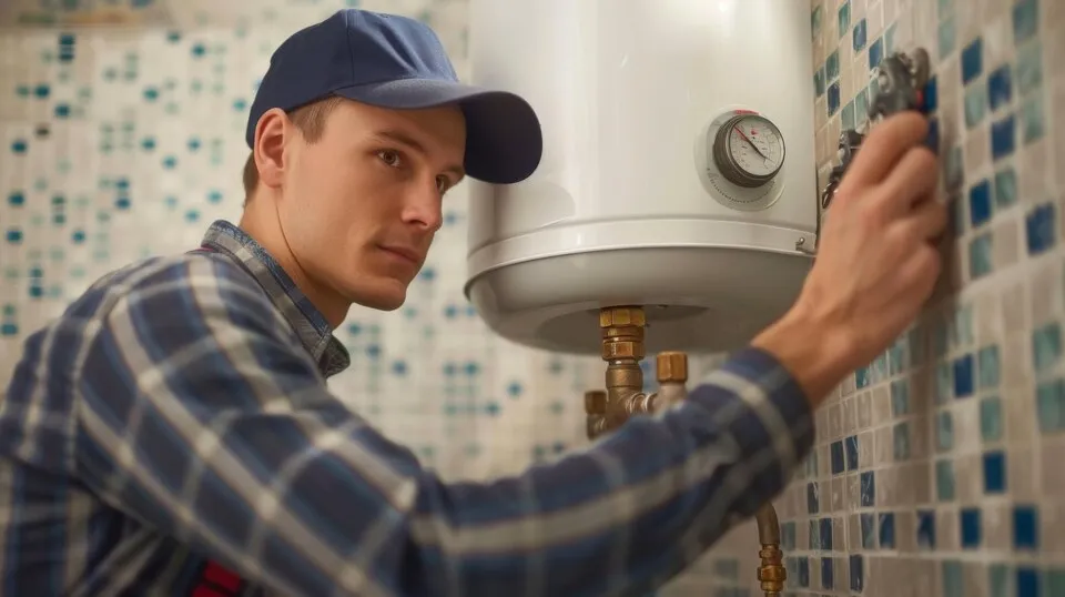 Technician checking water heater temperature gauge in tiled bathroom