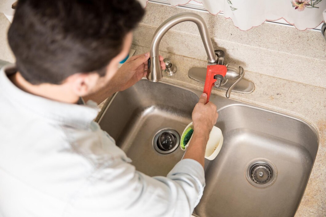 Person fixing kitchen sink with wrench and sponge
