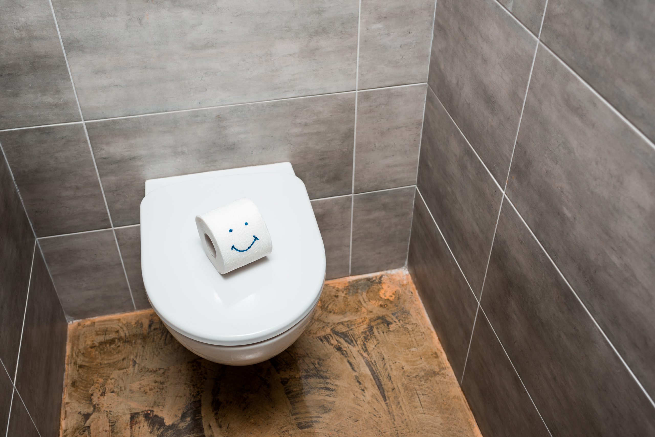 Toilet paper roll with smiley face on white toilet and gray tiled wall