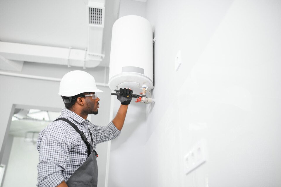 Technician in hard hat checking valve on white industrial equipment