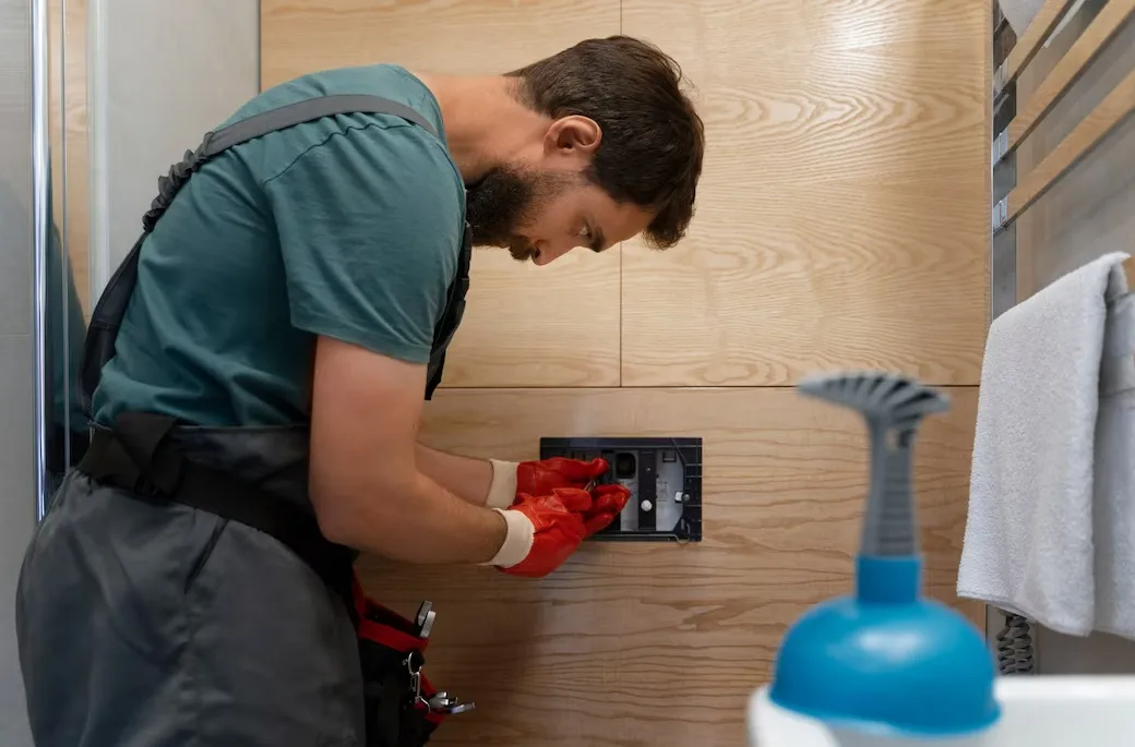 Technician in red gloves repairing electrical outlet on wooden wall