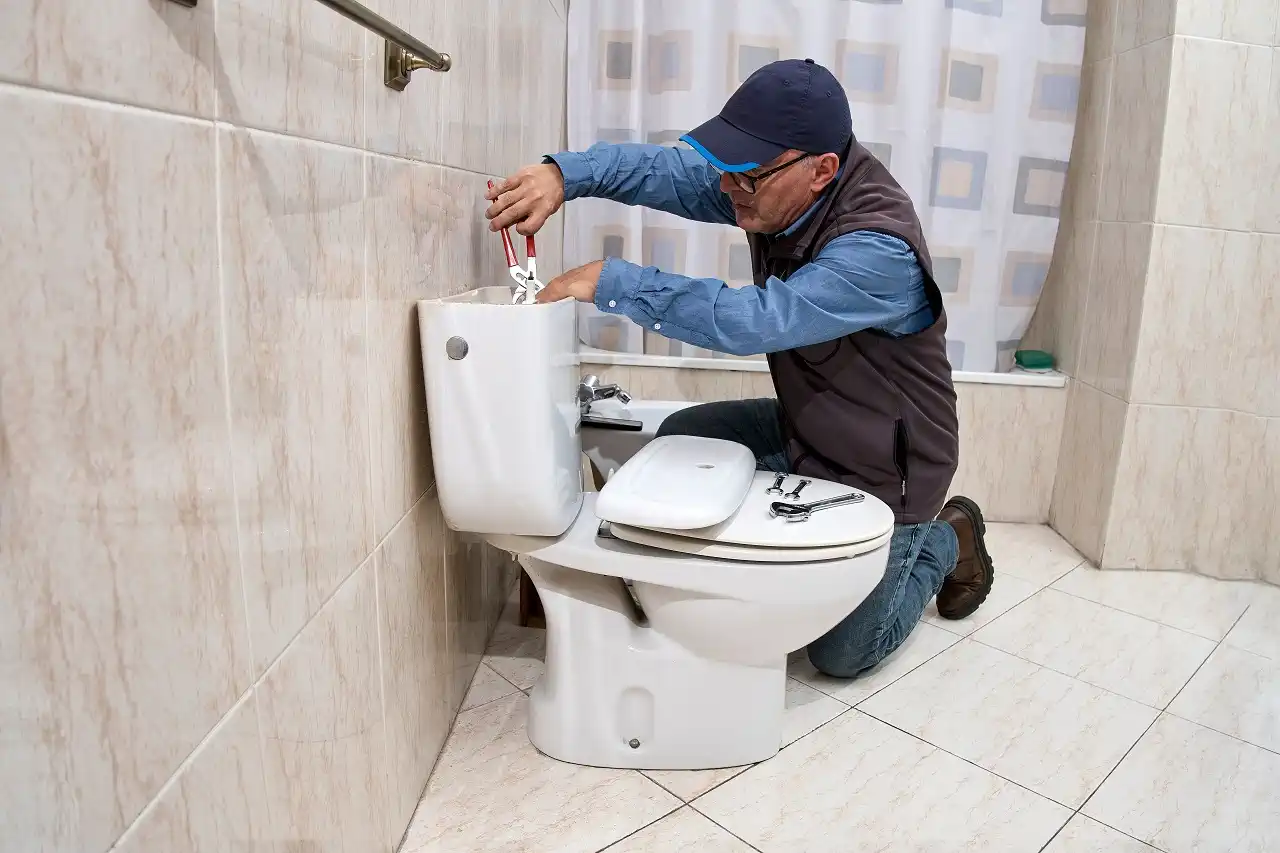 Plumber repairing toilet with tools in tiled bathroom