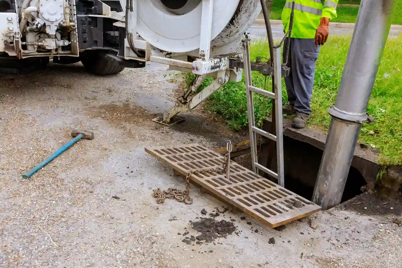 Worker near utility truck with ladder and drain grate at construction site