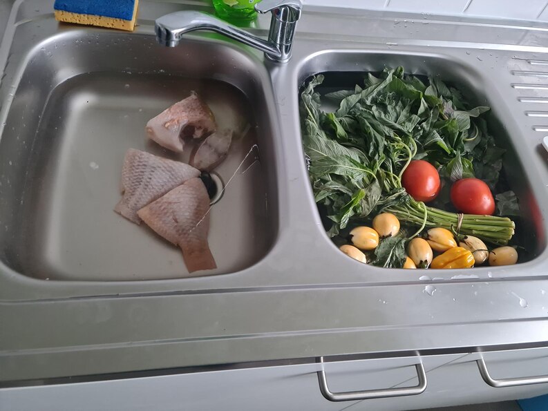 Raw chicken and fresh vegetables in a kitchen sink before meal preparation