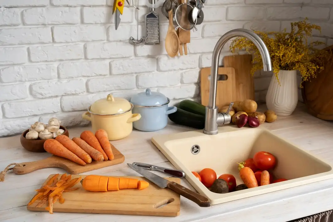 Kitchen counter with fresh vegetables, cutting board, pots, and cooking utensils