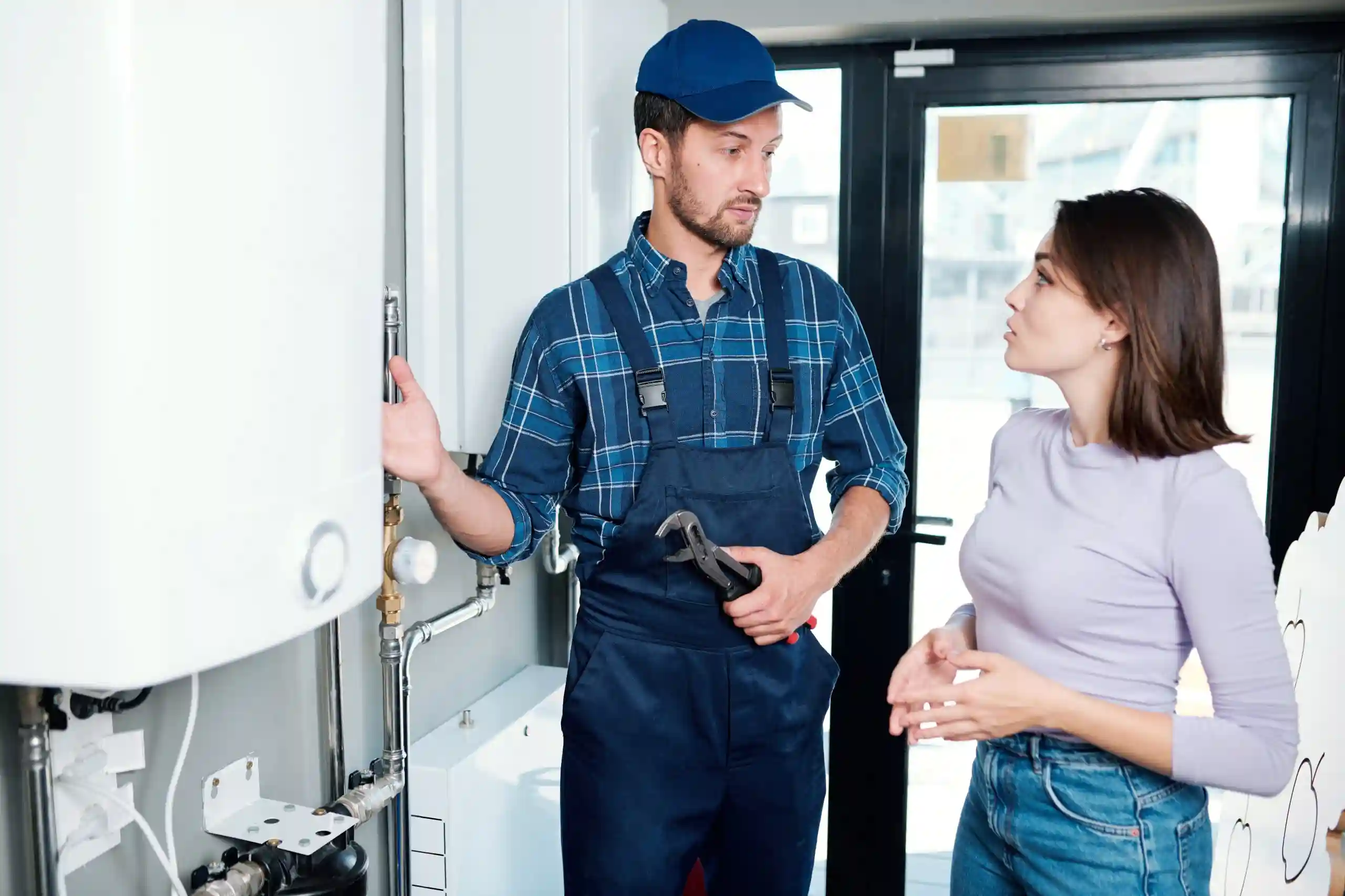 Technician in blue cap and overalls explaining water heater to customer