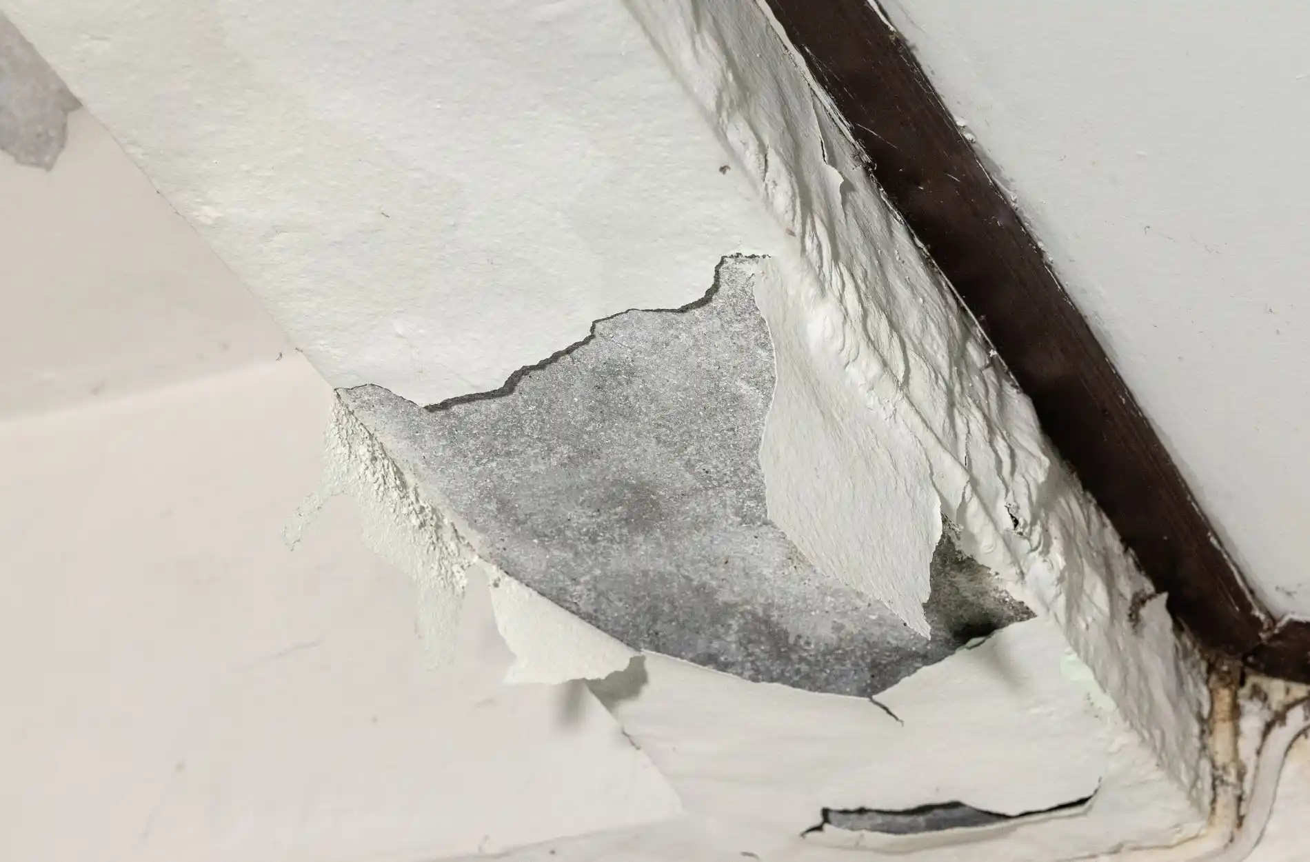 Damaged wall with peeling paint and exposed gray surface near corner