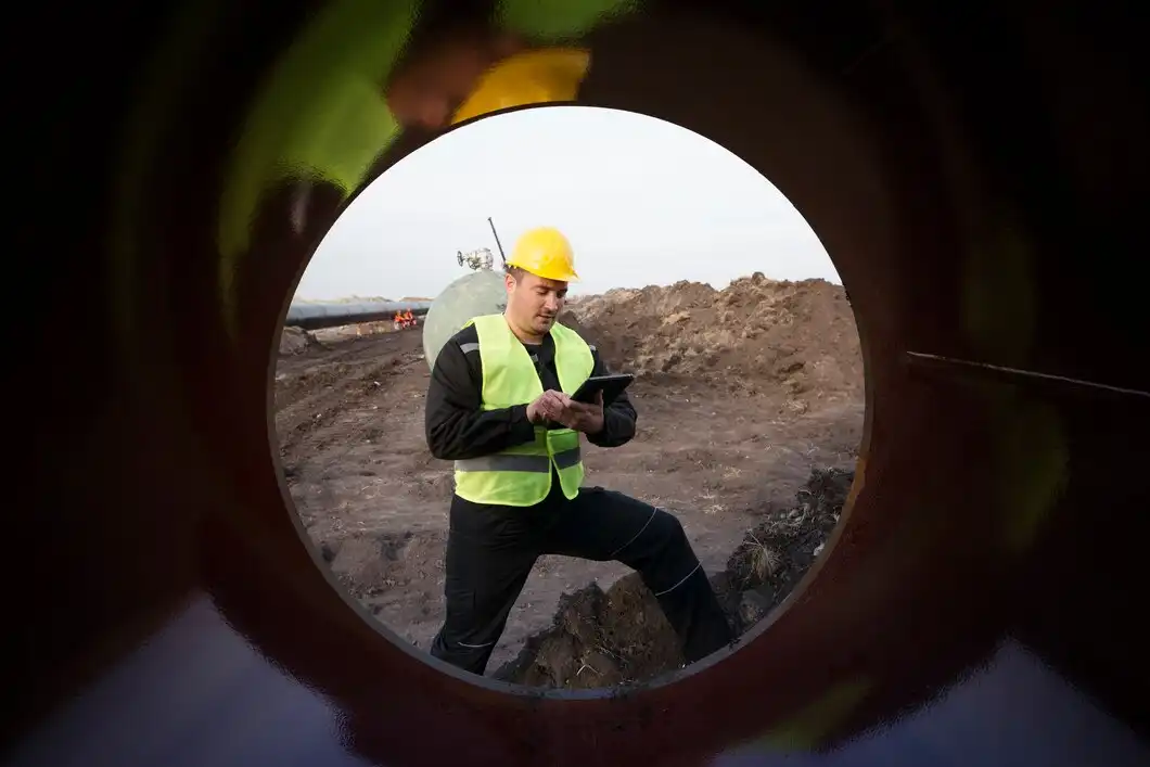 Construction worker in safety gear checking tablet on muddy construction site