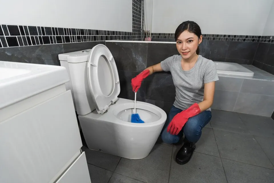 Woman cleaning toilet with blue brush and red protective gloves
