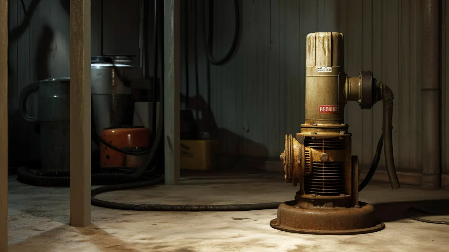 Vintage Robinair pump on concrete floor in dimly lit industrial space