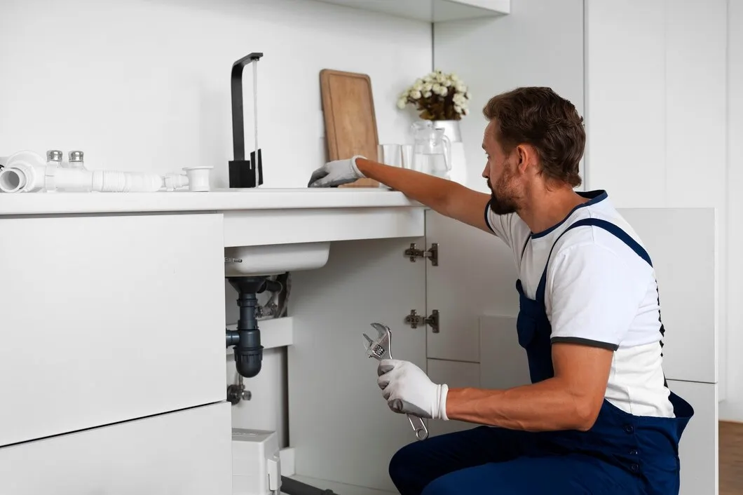 Plumber in white and blue uniform fixing sink pipes under kitchen counter