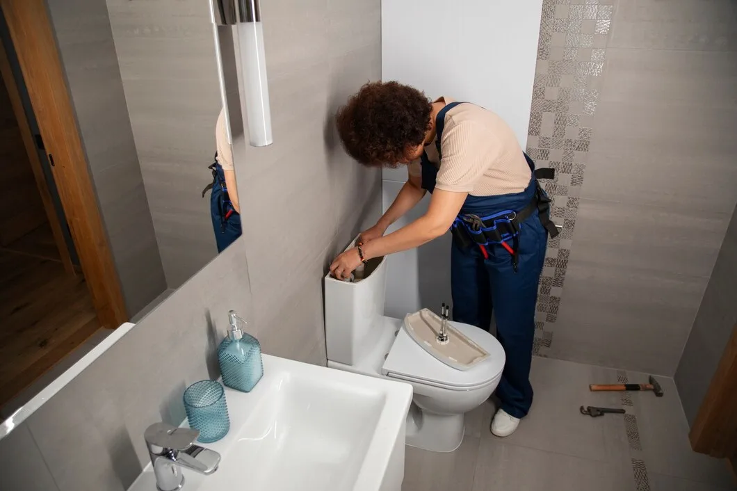 Plumber fixing toilet in a modern, tiled bathroom with blue accessories
