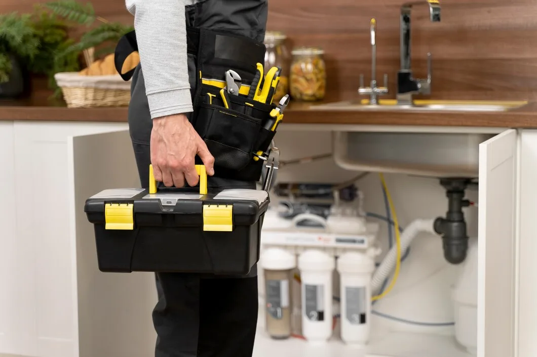 Plumber with tool belt and toolbox working under kitchen sink