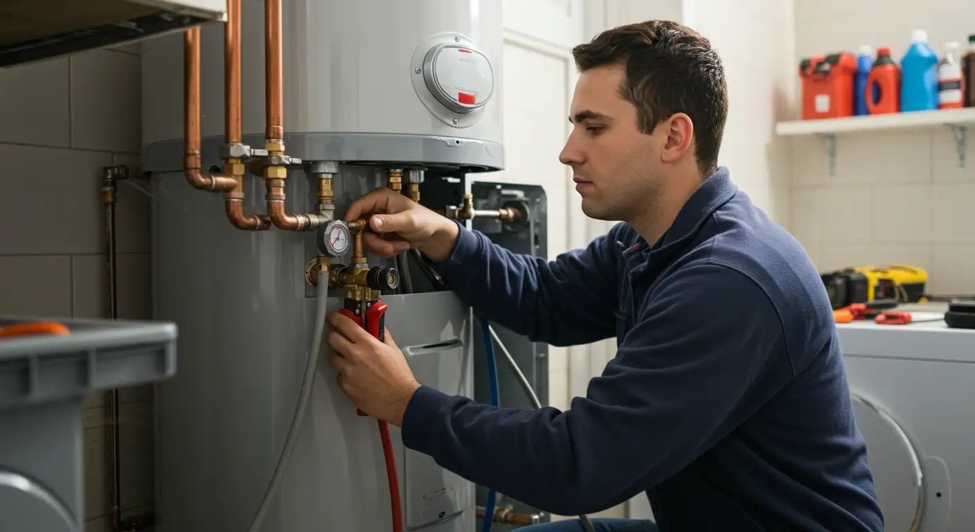Technician inspecting and adjusting water heater pipes and valves