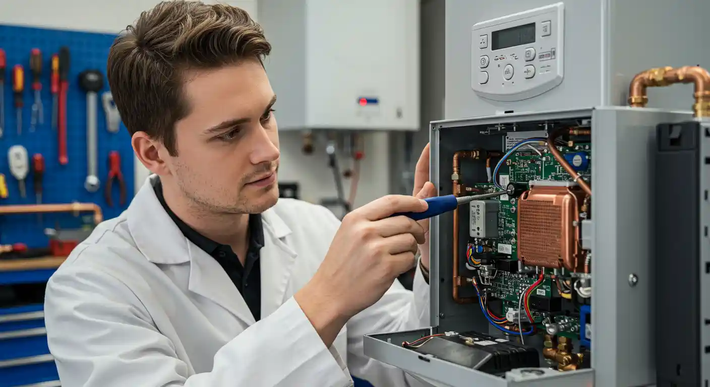 Technician in white coat repairing electronic circuit board of industrial equipment