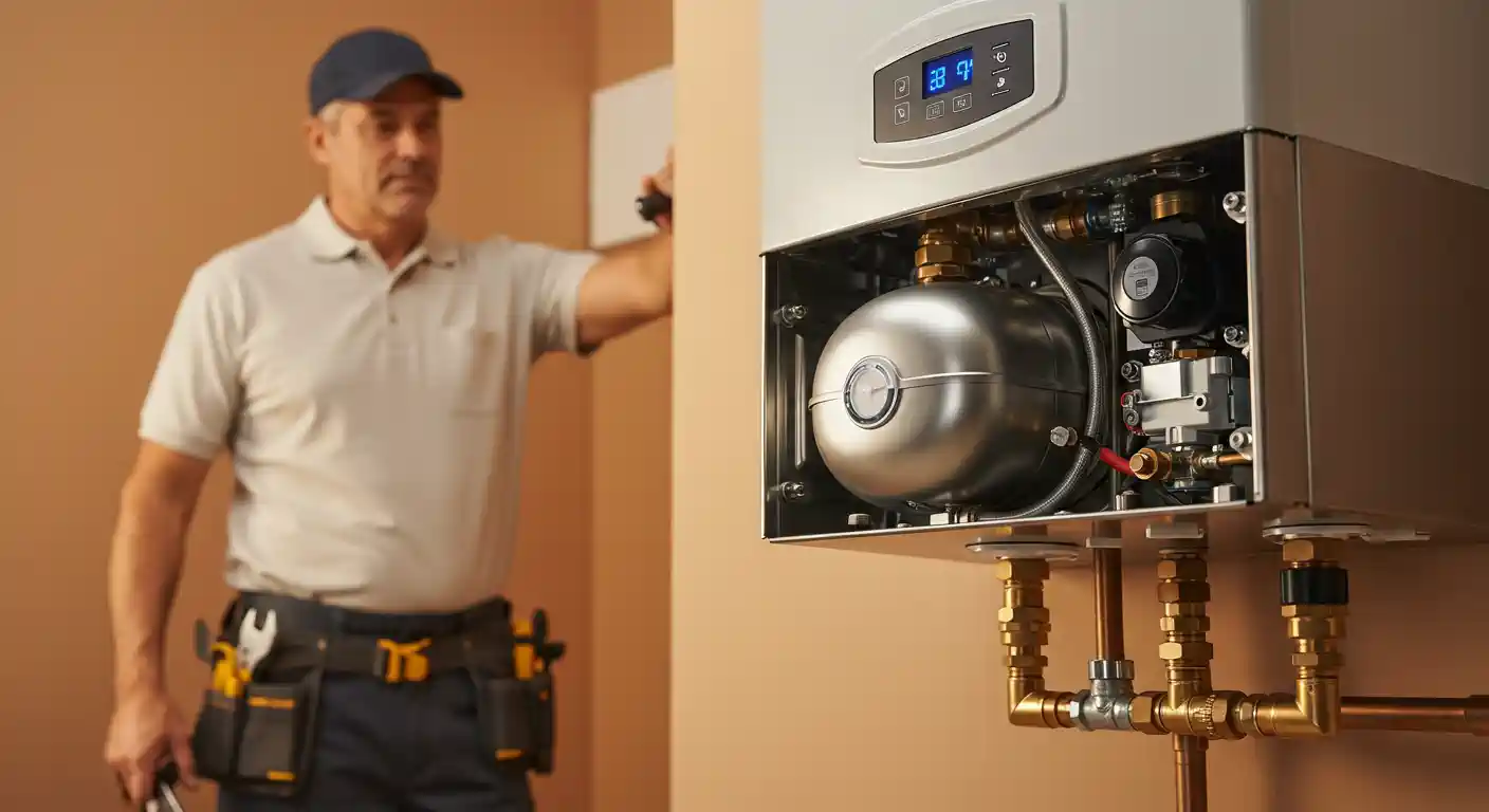 Technician installing or checking a modern wall-mounted heating system