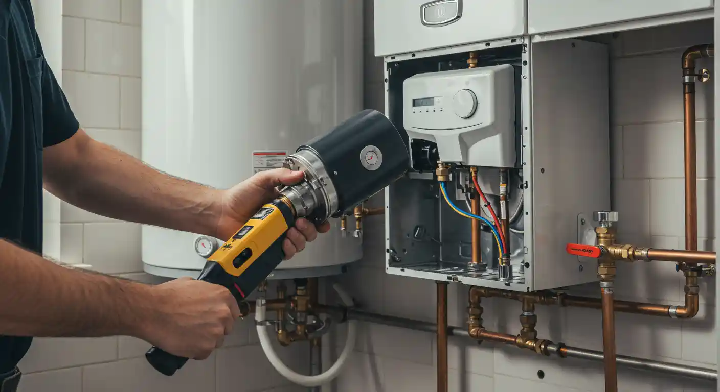 Technician using power tool to repair or install water heater system