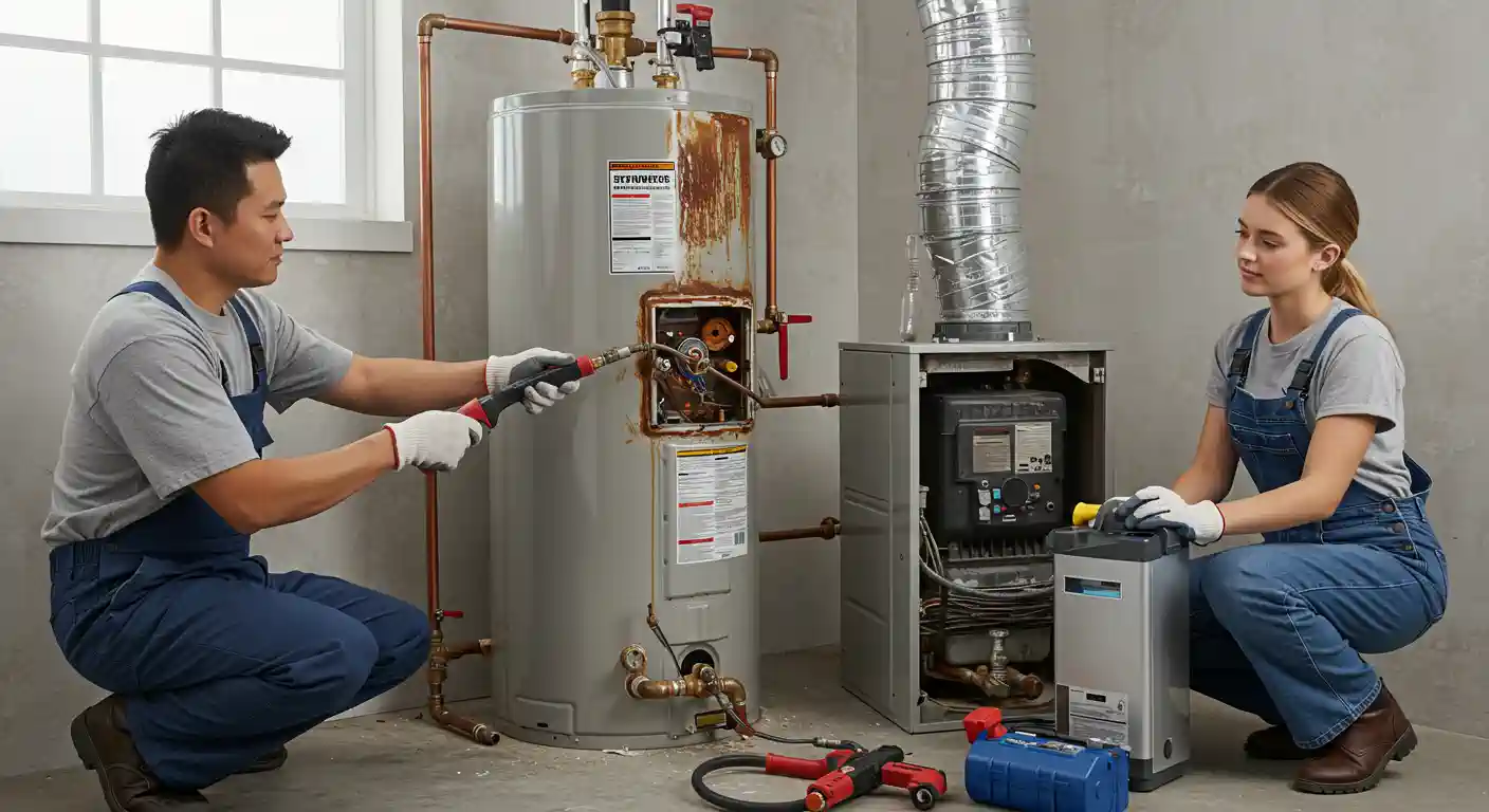 Technicians repairing water heater and HVAC system in utility room